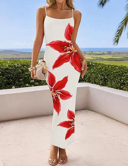 Vestido Longo Feminino com Fenda, modelado ao corpo, para Festa, Estampa Floral, Alças Finas, Sexy, Verão, Novos Modelos.
