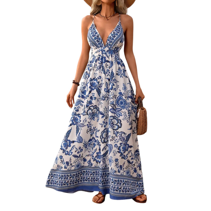 Vestido Longo Feminino de Verão Estampado com Alças, sexy para Praia, Estilo Max