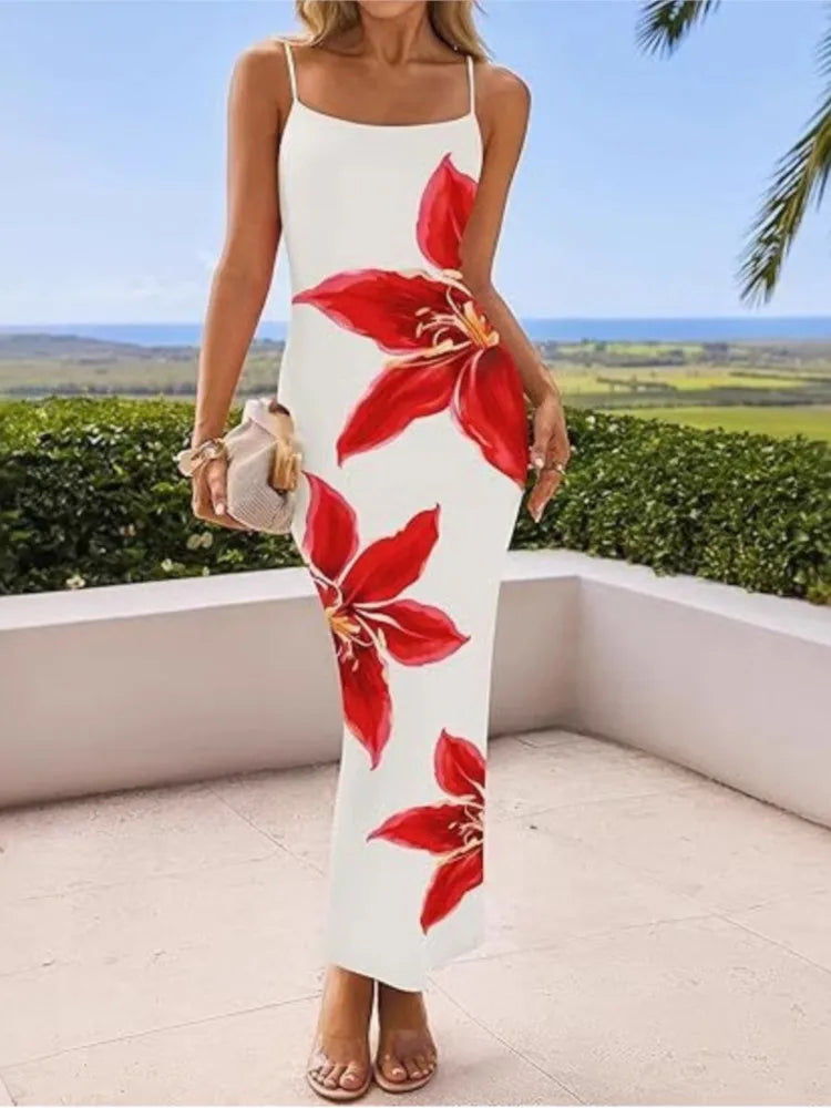 Vestido Longo Feminino com Fenda, modelado ao corpo, para Festa, Estampa Floral, Alças Finas, Sexy, Verão, Novos Modelos.